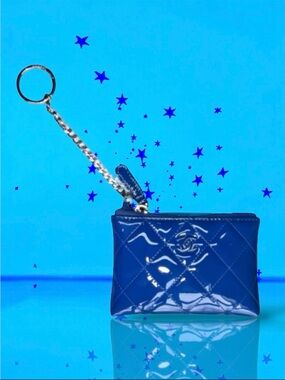 💗CHANEL Blue Patent Leather Tonal CC Logo Card Wallet O-Ring Key Holder SilverHW
